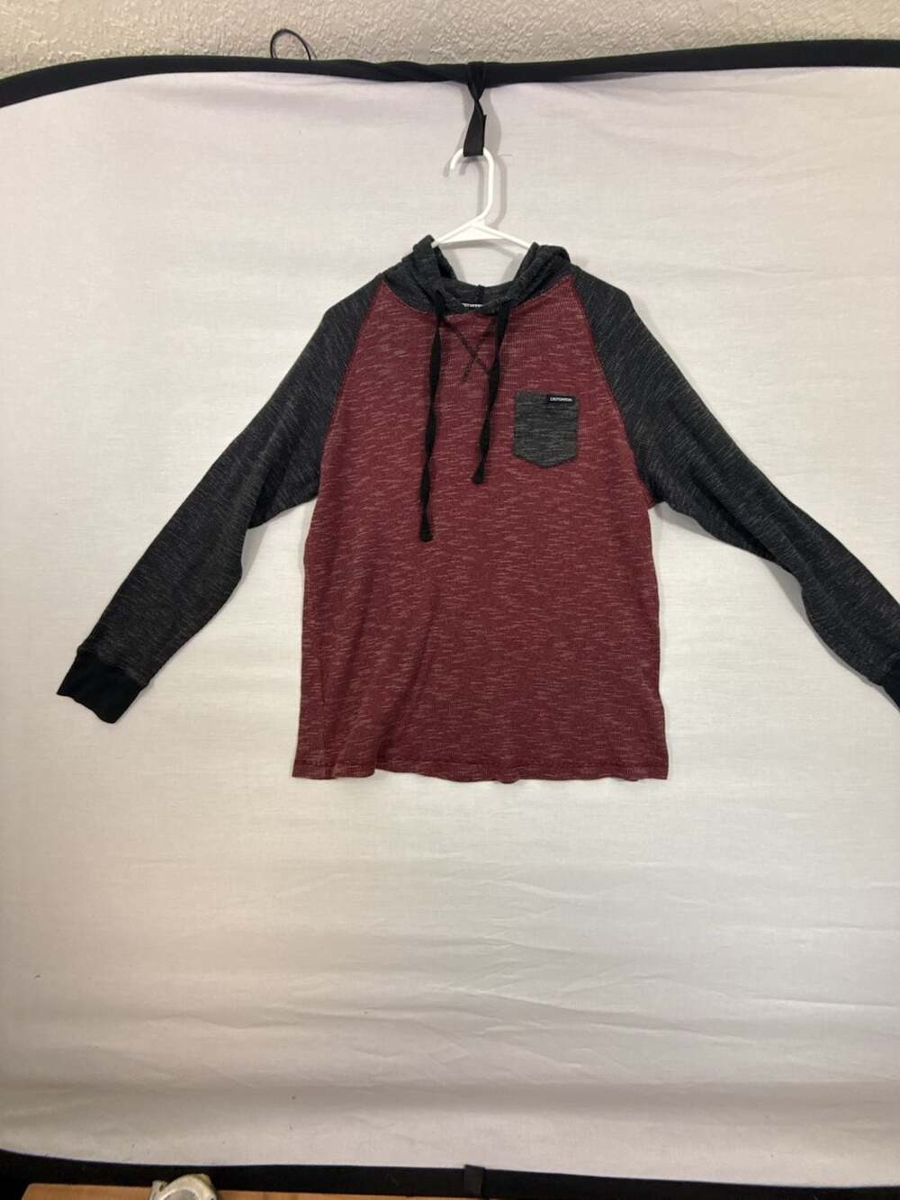 DISTORTION Men's Thermal Waffle Knit Hoodie Long Sleeve Raglan Pullover Red Gray